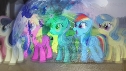 Size: 1280x720 | Tagged: safe, artist:capnpea, edit, bon bon, cherry berry, lemon hearts, lyra heartstrings, rainbow dash, sweetie drops, human, earth, humie, octobriae, voyager 2 satellite