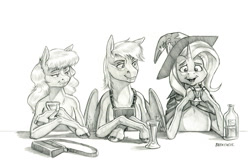 Size: 1500x1006 | Tagged: safe, artist:baron engel, derpibooru import, trixie, oc, oc:carousel, oc:sky brush, earth pony, pegasus, semi-anthro, unicorn, female, male, mare, monochrome, pencil drawing, stallion, traditional art