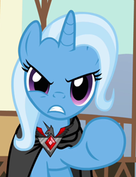 Size: 510x662 | Tagged: safe, derpibooru import, screencap, trixie, magic duel, alicorn amulet, angry, cropped, solo