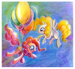 Size: 1314x1205 | Tagged: safe, artist:maytee, pinkie pie, surprise, earth pony, pony, g1, balloon, flying, g1 to g4, generation leap, then watch her balloons lift her up to the sky, traditional art