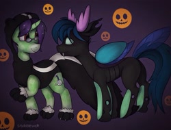 Size: 1992x1512 | Tagged: safe, artist:incendiaryboobs, oc, oc only, oc:crescent star, oc:raeonn, changeling, crystal pony, pony, unicorn, changeling oc, clothes, costume, crystal unicorn, fangs, glasses, halloween, holiday, hoodie, looking at each other, nightmare night, smiling