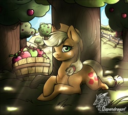 Size: 900x809 | Tagged: safe, artist:japandragon, applejack, earth pony, pony, apple, applejack's hat, bucket, cowboy hat, crepuscular rays, dappled sunlight, female, freckles, hat, lidded eyes, mare, orchard, prone, shade, solo, sweet apple acres, tree