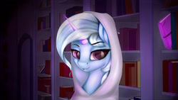 Size: 4000x2250 | Tagged: safe, artist:limchph2, derpibooru import, trixie, pony, unicorn, book, female, hood, mare, solo