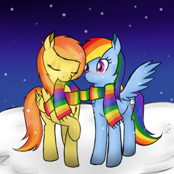 Size: 800x800 | Tagged: safe, artist:spittfireart, rainbow dash, spitfire, pegasus, pony, blushing, chest fluff, clothes, female, lesbian, scarf, shared clothing, shared scarf, shipping, spitdash