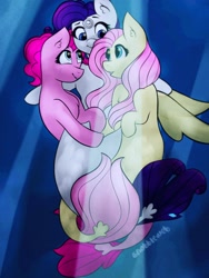 Size: 1536x2048 | Tagged: safe, artist:incendiaryboobs, fluttershy, pinkie pie, rarity, seapony (g4), my little pony: the movie, female, flaripie, flarity, flutterpie, lesbian, polyamory, raripie, seaponified, seapony fluttershy, seapony pinkie pie, seapony rarity, shipping, species swap