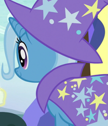 Size: 617x720 | Tagged: safe, derpibooru import, screencap, trixie, pony, unicorn, uncommon bond, cape, clothes, cropped, female, hat, mare, smiling, trixie's cape, trixie's hat