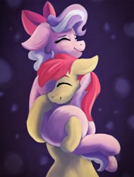 Size: 1512x1992 | Tagged: safe, artist:incendiaryboobs, apple bloom, diamond tiara, earth pony, pony, accessory swap, carrying, diamondbloom, eyes closed, female, hug, lesbian, mare, shipping