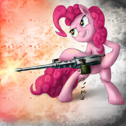 Size: 900x901 | Tagged: safe, artist:rule1of1coldfire, pinkie pie, earth pony, pony, browning m2, gun, machine gun, shooting, who needs trigger fingers