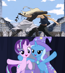 Size: 1280x1442 | Tagged: safe, artist:mega-poneo, derpibooru import, edit, screencap, starlight glimmer, trixie, pony, unicorn, road to friendship, anime, edward elric, father (fma), fullmetal alchemist, meme, punch, waving