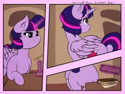 Size: 2048x1536 | Tagged: safe, artist:incendiaryboobs, twilight sparkle, twilight sparkle (alicorn), alicorn, pony, comic:hearts and hooves day, book, comic, erlenmeyer flask, magic, telekinesis