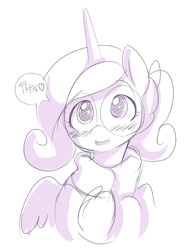 Size: 500x669 | Tagged: safe, artist:ende26, princess cadance, alicorn, pony, ask high school cadance, blushing, clothes, glasses, monochrome, sketch, solo, speech bubble, sweater