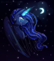 Size: 1024x1152 | Tagged: safe, artist:crazycoolcats, princess luna, alicorn, pony, crying, magic, moon, solo, stars