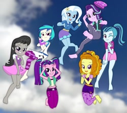 Size: 1024x910 | Tagged: safe, artist:grapefruitface1, artist:yaya54320bases, derpibooru import, adagio dazzle, aria blaze, dj pon-3, octavia melody, sonata dusk, starlight glimmer, trixie, vinyl scratch, equestria girls, barefoot, base used, blushing, feet, freeze frame, jumping, legs, sky, soles, the dazzlings