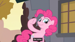 Size: 853x480 | Tagged: safe, screencap, pinkie pie, earth pony, pony, female, mare, pink coat, pink mane, solo, youtube caption