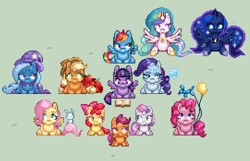 Size: 1623x1047 | Tagged: safe, artist:zombie, derpibooru import, angel bunny, apple bloom, applejack, fluttershy, pinkie pie, princess celestia, princess luna, rainbow dash, rarity, scootaloo, sweetie belle, trixie, twilight sparkle, twilight sparkle (alicorn), alicorn, earth pony, pegasus, pony, unicorn, cutie mark crusaders, female, mare, pixel art