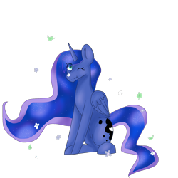 Size: 2000x2000 | Tagged: safe, artist:wowerzz, princess luna, alicorn, pony, flower, leaves, one eye closed, simple background, sitting, solo, transparent background, wink