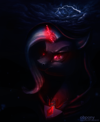 Size: 809x987 | Tagged: safe, artist:lulemt, derpibooru import, trixie, pony, unicorn, magic duel, alicorn amulet, female, glowing eyes, glowing horn, lightning, mare, night, painting, solo