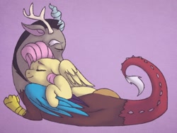 Size: 2048x1536 | Tagged: safe, artist:incendiaryboobs, discord, fluttershy, draconequus, pegasus, pony, cuddling, cute, discoshy, discute, eyes closed, female, male, mare, shipping, straight