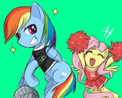 Size: 563x450 | Tagged: safe, artist:yubi, fluttershy, rainbow dash, pegasus, pony, cheering, cheerleader, cheerleader fluttershy, colored pupils, cute, duo, eyes closed, female, green background, grin, mare, shyabetes, simple background, smiling