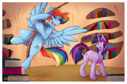 Size: 1000x667 | Tagged: safe, artist:vella, rainbow dash, twilight sparkle, pegasus, pony, unicorn, duo, duo female, female, mare