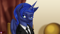 Size: 3840x2160 | Tagged: safe, artist:tsaritsaluna, princess luna, alicorn, pony, alternate hairstyle, chair, clothes, curtain, looking at you, necktie, suit