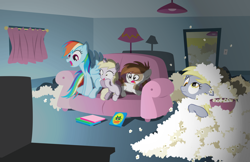 Size: 6215x4037 | Tagged: safe, artist:trotsworth, derpy hooves, dinky hooves, pipsqueak, rainbow dash, pegasus, pony, absurd resolution, female, i just don't know what went wrong, living room, mare, messy, movie, movie night, popcorn, sofa, swamp thing, television, varying degrees of want