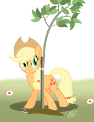 Size: 1700x2200 | Tagged: safe, artist:xain-russell, applejack, earth pony, pony, mouth hold, sapling, solo