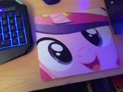 Size: 1024x768 | Tagged: safe, princess cadance, close-up, hi anon, irl, looking at you, meme, mousepad, open mouth, photo, smiling