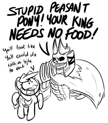 Size: 726x830 | Tagged: safe, artist:shoutingisfun, applejack, earth pony, pony, applejack's hat, dialogue, dota, dota 2, female, mare, monochrome, open mouth, raised hoof, simple background, skeleton king, white background, wraith king