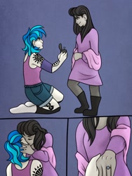 Size: 1536x2048 | Tagged: safe, artist:incendiaryboobs, dj pon-3, octavia melody, vinyl scratch, equestria girls, blue background, boots, clothes, comic, commission, cute, ear piercing, earring, elbow pads, eyes closed, female, heartwarming, jewelry, kissing, leggings, lesbian, marriage proposal, nose piercing, offscreen character, piercing, pov, ring, romantic, scarf, scratchtavia, shipping, shoes, shorts, simple background, socks, stockings, tanktop, tattoo, tavibetes, thigh highs, vinylbetes
