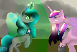 Size: 888x599 | Tagged: safe, artist:mimbyarts, princess cadance, queen chrysalis, reversalis, alicorn, changeling, changeling queen, pony, barrier, evil cadance, glare, gritted teeth, magic, mirror universe, raised hoof, rearing