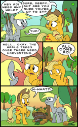 Size: 554x900 | Tagged: safe, artist:spainfischer, applejack, derpy hooves, earth pony, pegasus, pony, apple, apple tree, comic, derp, derpy being derpy, dialogue, duo, english, female, helping, how, humor, mare, open mouth, orchard, outdoors, pineapple, proud, random, shocked, smiling, speech bubble, spread wings, startled, surprised, talking, tree, wat, wings, working