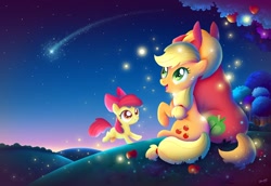 Size: 1200x824 | Tagged: safe, artist:rintau, apple bloom, applejack, big macintosh, earth pony, firefly (insect), pony, apple siblings, male, shooting star, stallion