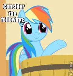 Size: 257x268 | Tagged: safe, rainbow dash, pegasus, pony, bill nye, consider the following, image macro, reaction image