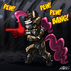 Size: 900x900 | Tagged: safe, artist:johnjoseco, pinkie pie, earth pony, pony, dead space, foam finger, hand cannon, handgun, rig (dead space)