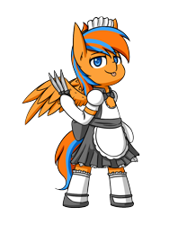 Size: 750x1000 | Tagged: safe, artist:rice, oc, oc only, oc:cold front, pegasus, pony, bow, clothes, crossdressing, dress, knife, looking at you, maid, simple background, solo, stockings, thigh highs, tongue out, transparent background, weapon