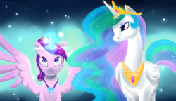 Size: 5000x2879 | Tagged: safe, artist:bluest-ayemel, princess cadance, princess celestia, alicorn, pony, ascension, looking up, magic, necklace, smiling, spread wings