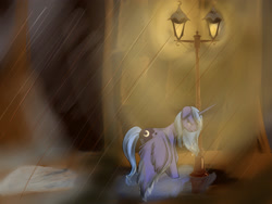 Size: 3072x2304 | Tagged: safe, artist:weird--fish, princess luna, alicorn, pony, crying, rain, s1 luna, sad, solo, streetlight, wet mane