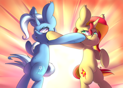 Size: 1600x1144 | Tagged: safe, artist:sourspot, derpibooru import, sunset shimmer, trixie, pony, unicorn, cross counter