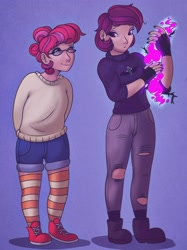 Size: 2144x2859 | Tagged: safe, artist:incendiaryboobs, oc, oc only, oc:dark nebula, oc:moonberry, human, blue background, boots, clothes, commission, dark magic, ear piercing, earring, eyeshadow, female, fingerless gloves, glasses, gloves, gradient background, half-siblings, humanized, humanized oc, icey-verse, jeans, jewelry, looking at each other, magic, magical lesbian spawn, makeup, nail polish, next generation, offspring, one eye closed, pants, parent:moondancer, parent:oc:nocturne scroll, parent:strawberry sunrise, parents:canon x oc, parents:moonscroll, parents:strawdancer, piercing, shoes, shorts, siblings, simple background, sisters, socks, striped socks, sweater, thigh highs, torn clothes, wink