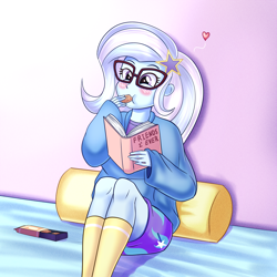 Size: 1800x1800 | Tagged: safe, artist:edowaado, derpibooru import, trixie, equestria girls, adorkable, book, cookie, cute, diatrixes, dork, food, glasses, heart, solo