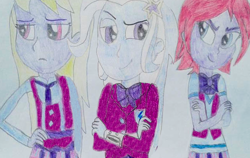 Size: 962x607 | Tagged: safe, artist:hakdurbin, derpibooru import, fuchsia blush, lavender lace, trixie, equestria girls, clothes, crystal prep academy uniform, grin, school uniform, traditional art