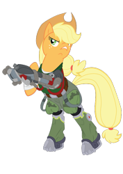 Size: 595x842 | Tagged: safe, artist:tiakaneko, applejack, cyborg, earth pony, pony, bionic commando, bipedal, simple background, solo