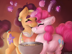 Size: 3985x2992 | Tagged: safe, artist:incendiaryboobs, pinkie pie, saffron masala, earth pony, pony, blushing, cooking, cute, female, lesbian, magic, saffronbetes, saffronpie, shipping