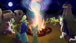 Size: 4999x2874 | Tagged: safe, artist:bluest-ayemel, princess cadance, princess celestia, princess luna, oc, alicorn, pony, fire, magic, mare in the moon, moon, night