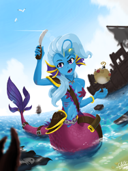 Size: 1536x2048 | Tagged: safe, artist:qzygugu, derpibooru import, trixie, angler fish, anthro, fish, mermaid, beach, bomb, ear fins, female, gills, knife, mermaidized, puffer fish, solo, species swap, starfish bra, weapon