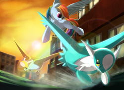 Size: 2340x1700 | Tagged: safe, artist:zymonasyh, rainbow dash, pegasus, pony, female, flying, latias, latios, male, mare, pokémon, race, shiny pokémon, trio