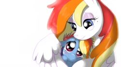 Size: 1024x569 | Tagged: safe, artist:feather-ponyart, rainbow dash, oc, oc:raindrop, pegasus, pony, parent, rainbow mom, sad