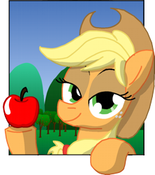 Size: 446x503 | Tagged: safe, artist:cgeta, applejack, earth pony, pony, apple, fourth wall, obligatory apple, solo