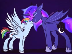 Size: 2048x1536 | Tagged: safe, artist:incendiaryboobs, princess luna, rainbow dash, alicorn, pegasus, pony, bat wings, boop, eyes closed, female, lesbian, lunadash, mare, noseboop, nuzzling, shipping, smiling, wings